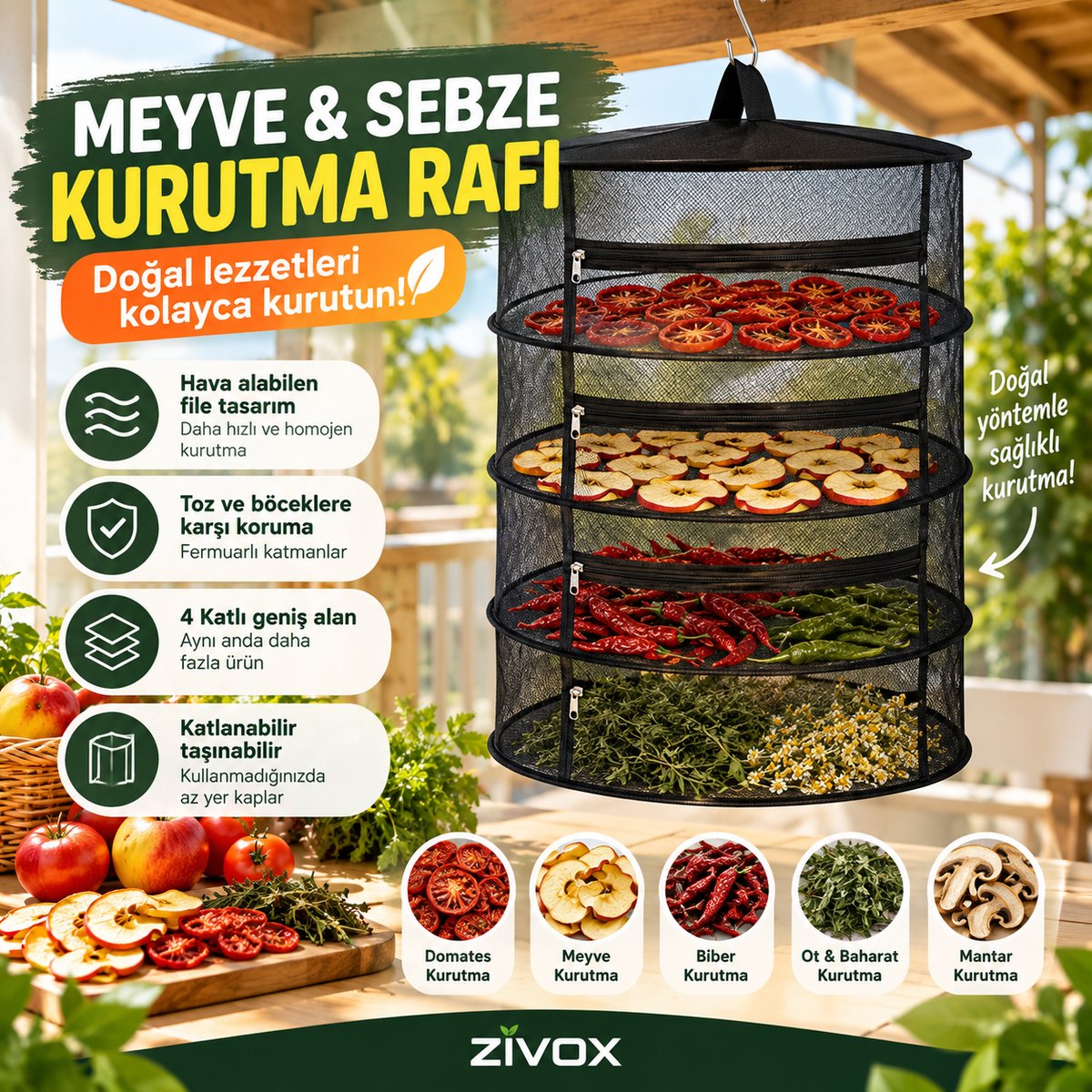Zivox™ 4 Katlı Meyve, Sebze ve Baharat Kurutucu