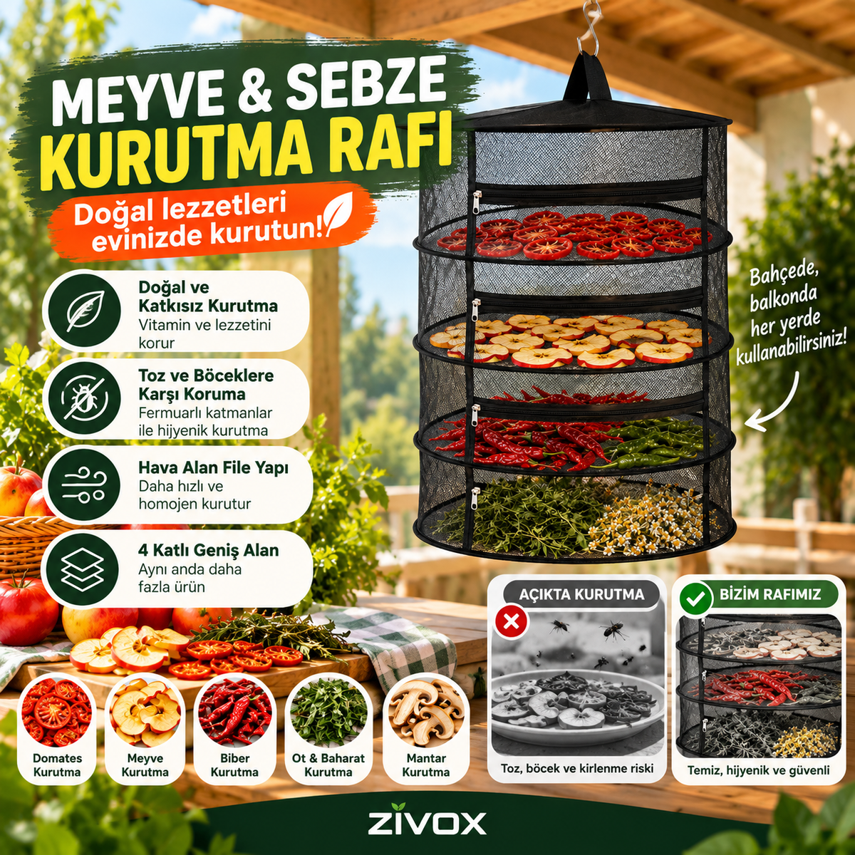 Zivox™ 4 Katlı Meyve, Sebze ve Baharat Kurutucu
