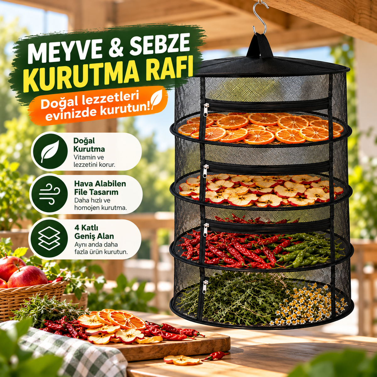Zivox™ 4 Katlı Meyve, Sebze ve Baharat Kurutucu