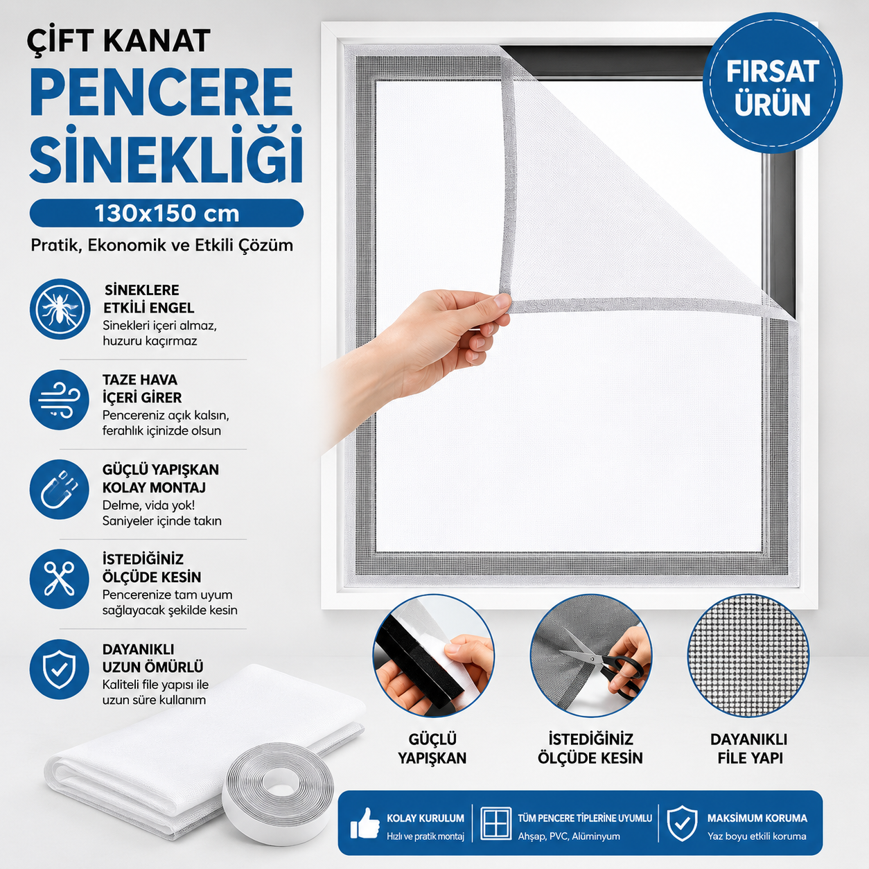 Zivox™ 150✖️130 CM Cırt Bantlı Pencere Sinekliği